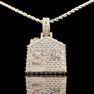 14K White Gold Finish Baguette CZ Trap House - Free 24" x 3mm Rope Chain.